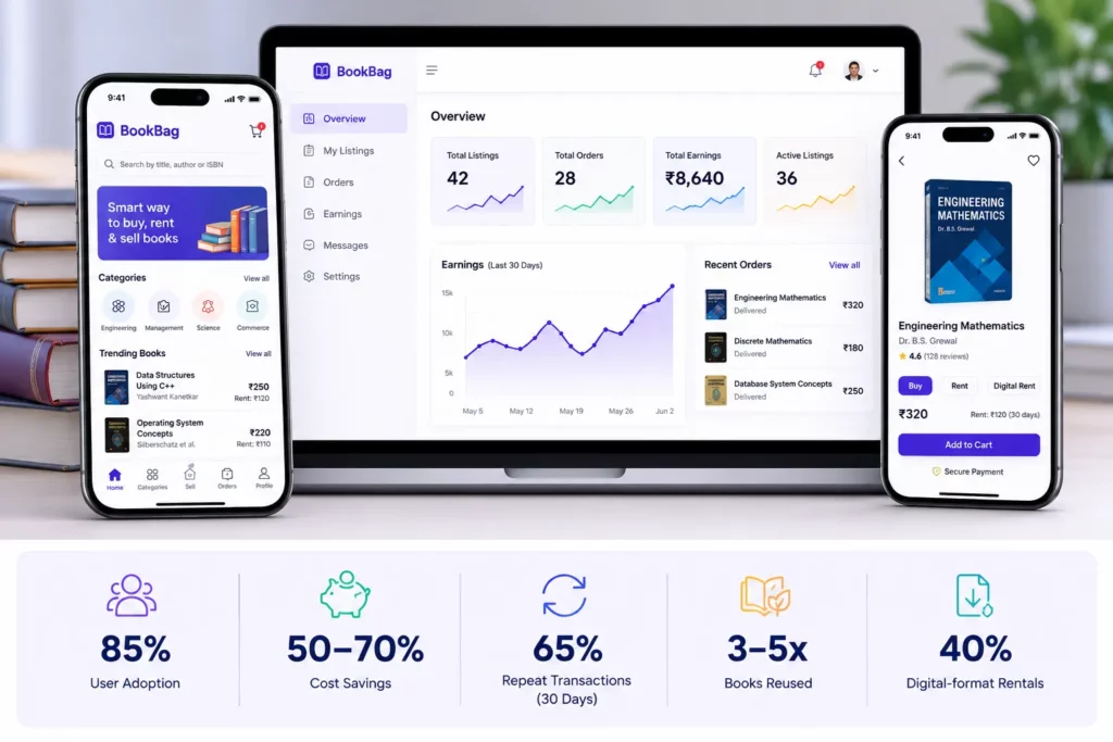BookBag e-commerce marketplace app built by Quickway Infosystems — book discovery and rental screens